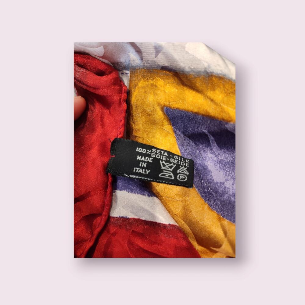 Italian‎ Colorful 100% Silk Scarf Floral/ Checkered Pattern Made in Italy - Picture 7 of 7